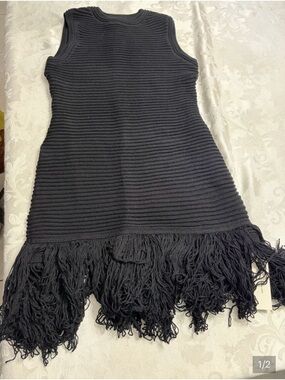 Commense Ribbed Knit Fringe Hem Dress - Black
